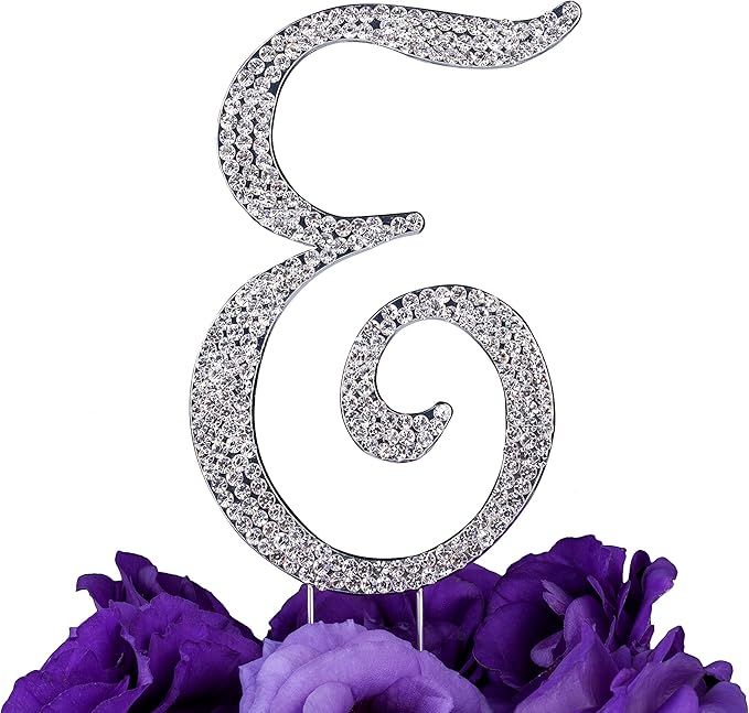 LOVENJOY Gift Boxed Rhinestone Initial E Wedding Cake Topper Silver
