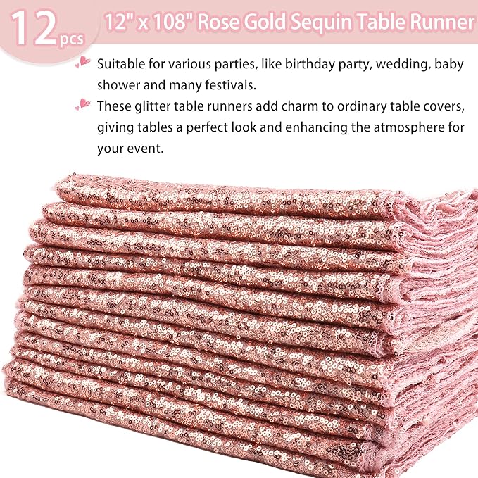 12 Packs Sequin Table Runner Rose Gold 12 X 108 Inch Glitter Dining Table Runner for Birthday Wedding Engagement Bridal Baby Shower Bachelorette Holiday Celebration Party Supplies Decorations