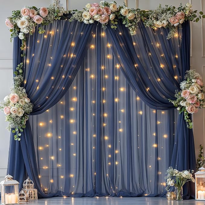 10x10ft Navy Blue Tulle Backdrop Curtain with Lights String for Parties, Sheer Photo Backdrop Drapes for Wedding Baby Shower Birthday Photography Stage Decorations