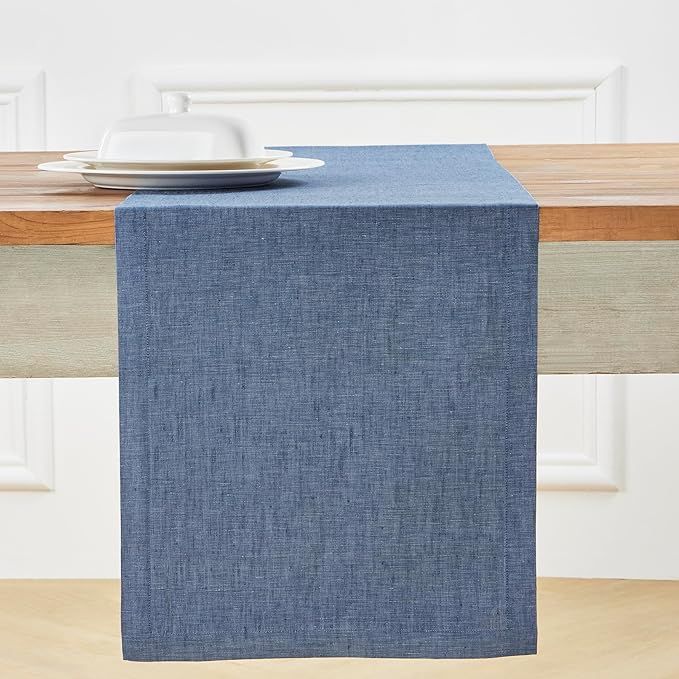 Solino Home Linen Table Runner 144 Inches Long - Athena, 100% Pure Linen Blue Denim Dining Table Runner 14 x 144 Inch for Spring, Summer