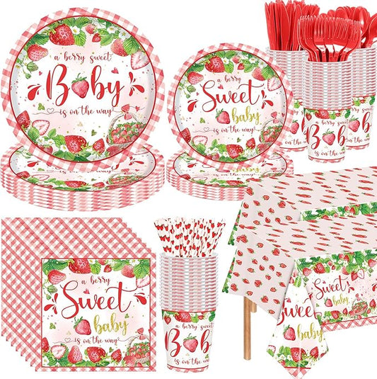Funnymoom 452 Pcs Strawberry Baby Shower Decorations Party Supplies Strawberry Paper Plates Napkins Cups Tablecloth Cutlery Straws Tableware for a Berry Sweet Baby Is on the Way Decorations