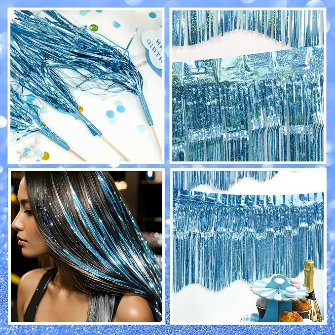 LOLStar Blue Foil Fringe Tinsel Garland, Tinsel Streamers Banner, 6 Pack | 60Ft Tinsel Streamers, Shiny Blue Tinsel Fringe Banners for Wedding, Birthday, Anniversary, Christmas, New Year Party Decor