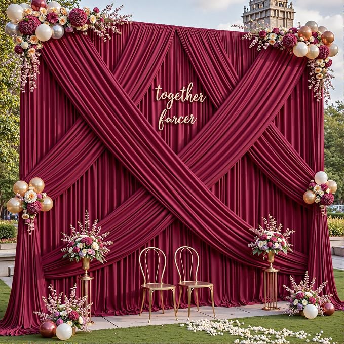 2 Panels Burgundy Backdrop Curtains - Wrinkle Free Fabric Backdrop Curtain for Photoshoot, 10FT Wedding Party Photo Backdrop Drapes for Birthday Baby Shower Photography Stage Background Decorations