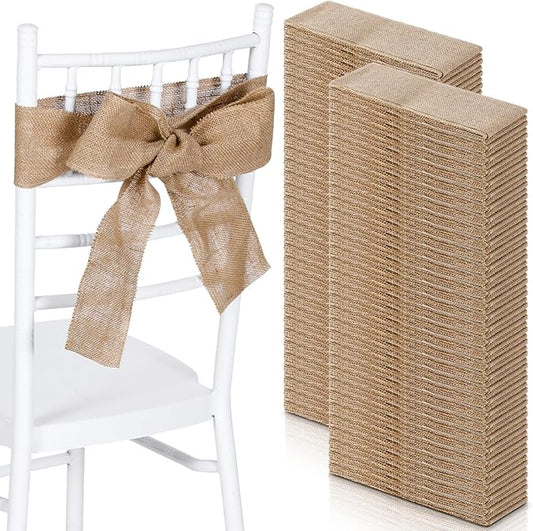 SmoothNovelty 24 Pcs Burlap Chair Sashes for Wedding Natural Jute Bow Ribbon Ties for Rustic Country Wedding Decoration Farmhouse Vintage Party Reception Birthday Anniversary Banquet, 3.9inch x 7.87ft