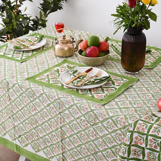 Hand Block Printed Tablecloth, Colorful Floral Print, Indian Artisan Handmade Art, Dining Room, Kitchen, Outdoor Décor, (Fresh Green Leaves, 10 Seater 72 x 118 Inches Rectangle)