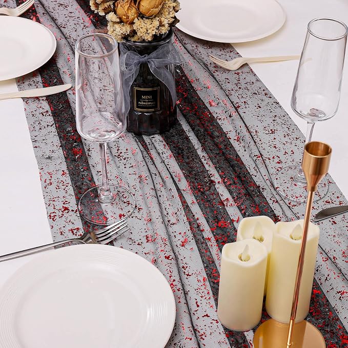 BINBE 6PCS Table Runner 10Ft Sheer Chiffon Fabric Cheesecloth Sequin Glitter Table Runner for Wedding Birthday Party Decor Black Red