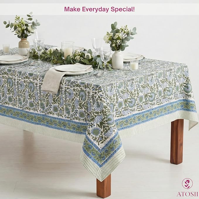 ATOSII Clover Blue 100% Cotton Rectangle Spring Tablecloth, Handblock Floral Linen Table Cloth for Kitchen Dining Table I Parties Weddings Outdoors Easter Home Decor 72 X 120 Inches I 10 Seater