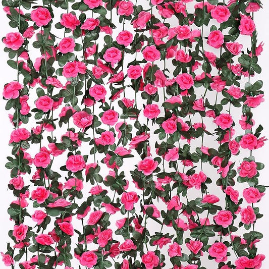 KHOYIME 9 Pack 72 FT Artificial Flower Garland, Fake Hot Pink Roses Vines Silk Flowers Faux Plastic Outdoor Hanging Floral Ivy Garland Decoration for Wedding Arch Bedroom Home Wall Backdrop Room Decor