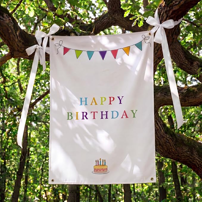Oudain 29x39 Inch Happy Birthday Burlap Banner, Fabric Party Decorations Backdrop, Boho Rustic Photo Props Sign with Hanging String for Birthday Party Indoor Outdoor Yard Wall Decor, Style 2