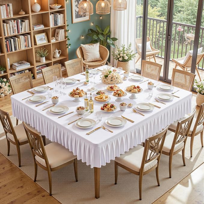 Shillance 60x60 Inch White Spandex Square Tablecloth,Wrinkle Free White Fitted Table Cloth for Square Tables,Washable Pleated Table Cover for Wedding Birthday Cocktail Party Buffet Dinner Camping