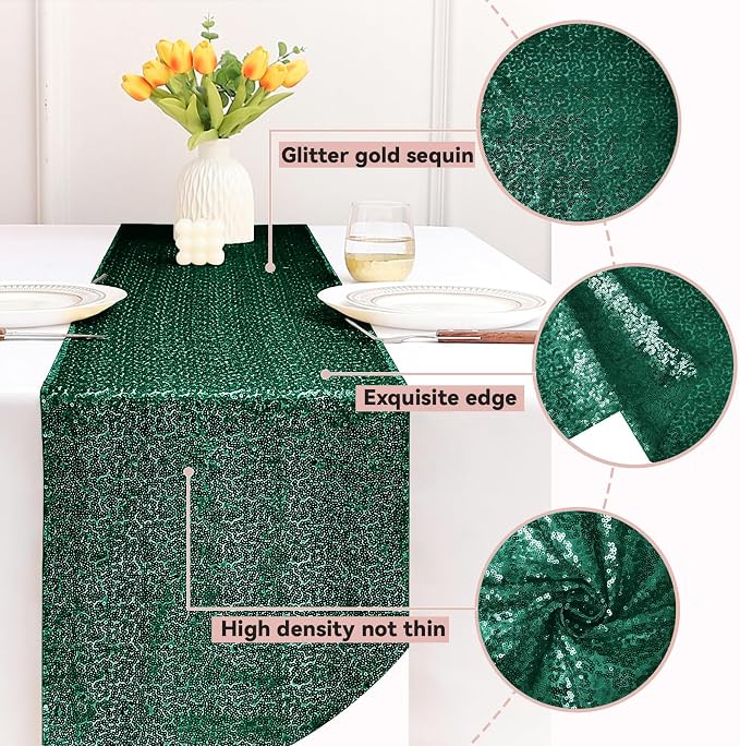 Sugargirl 10 Packs 12 x 72 inches Sequin Table Runner, Glitter Dark Green Table Runner for Birthday Party Supplies Wedding Holiday Celebration Event Decorations