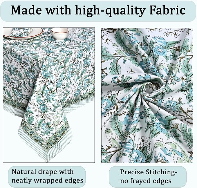 Ridhi Sage and Russian Green Hand Block Print Cotton Rectangle Tablecloth 120" x 80" inches Reusable Table Cover Decorative Everyday Use for Dining Room, Farmhouse, Home Gift for Spring, Mother's Day