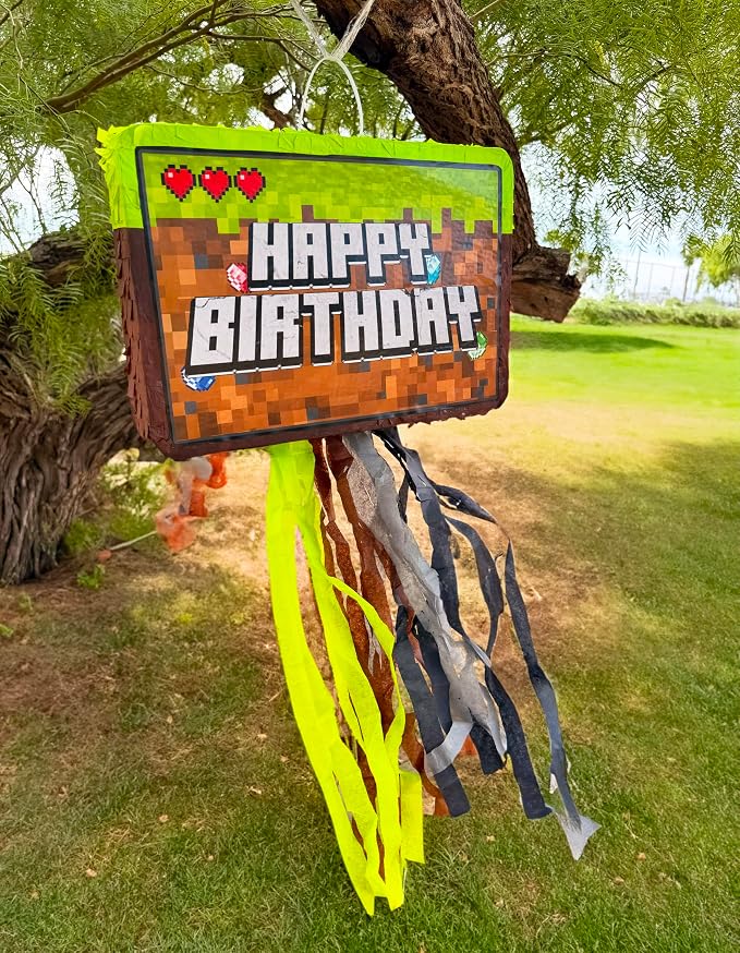 Jergrim Mining Pixel Pinata 4 Piece Set, Perfect For Happy Birthday Decorations, 16"x11" Piñata Level Up, Gaming & Video Game Celebrations For Boys, Fits Party Favors & Candy