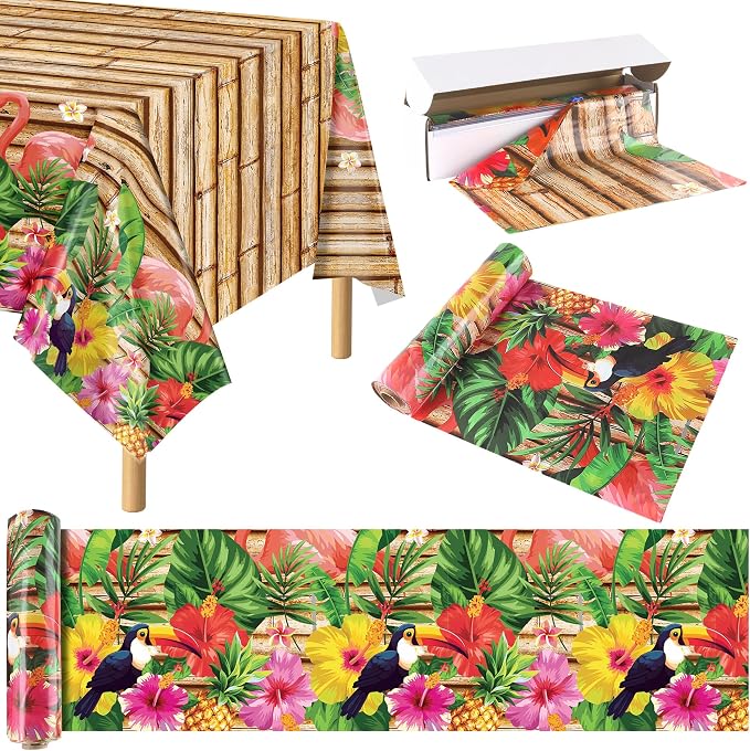 Kochorie 100 Ft X 54 Inch Hawaiian Luau Party Tablecloth Roll with Cutter Box, Disposable Plastic Hawaii Tiki Totem Table Cover, Aloha Tropical Floral Table Decorations for Summer Beach Pool Birthday
