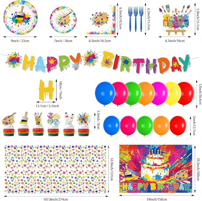 Paint Party Decorations, Art Party Decorations with Balloon Arch Kit, Banner, Backdrop, Tablecloth, Plates, Napkins, Forks, Cake Topper, Cupcake Toppers