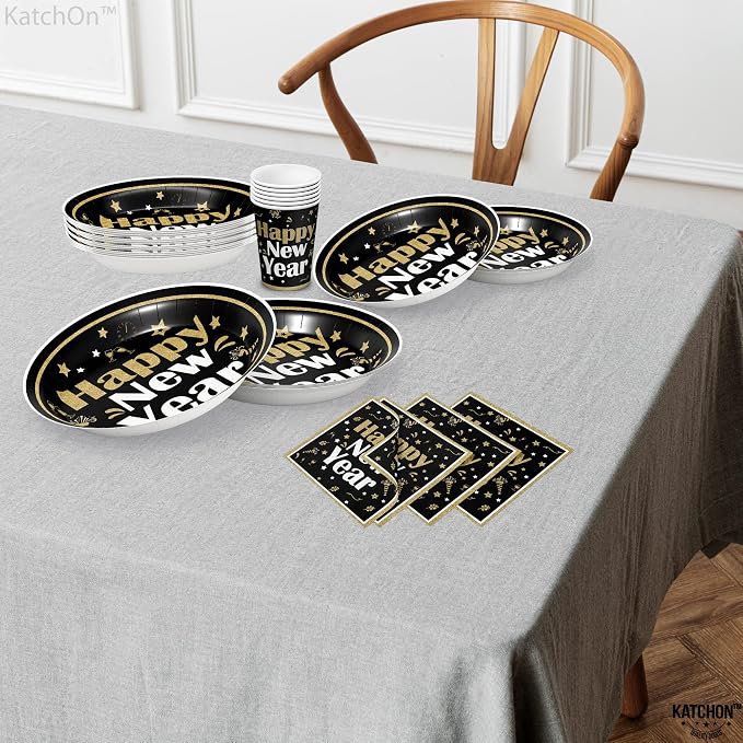 KatchOn, New Years Plates and Napkins Set - Serves 25 Guests | Black and Gold Plates, Cups, and Napkins | New Years Eve Party Supplies 2026 | Happy New Year Eve Plate, NY Party Decorations Favors