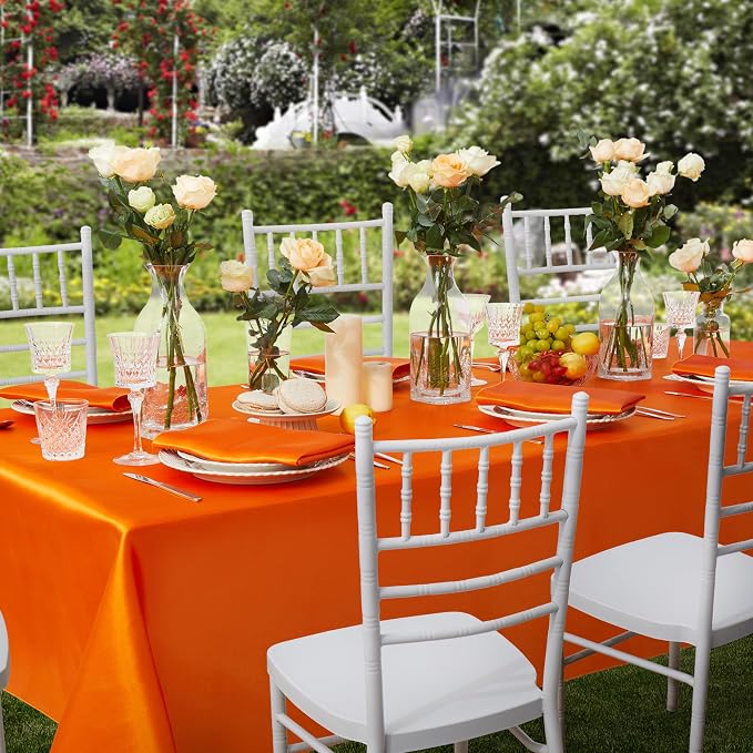 6 Pack Square Satin Table Cover Silkly Soft Table Cloth, Satin Dining Table Cloths for Wedding Banquet Table Decoration, Dining Room, Indoor and Outdoor Use, 52 x 52 Inches, Orange