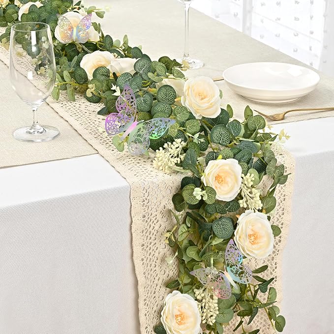 Yastouay 2 Pcs 12.1 Ft Flower Garland with Butterfly, Artificial Eucalyptus Garland with Champagne Flowers Fake Rose Camellia Vine for Table Centerpiece Wedding Baby Shower Room Backdrop Decor