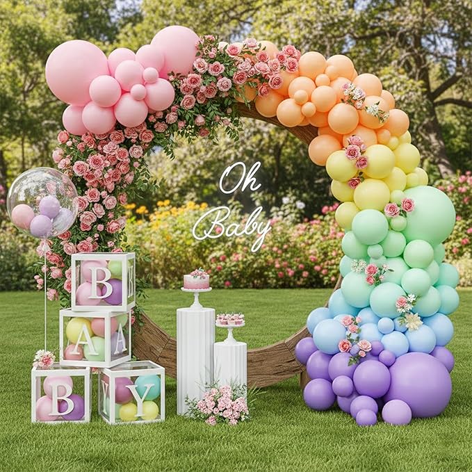144Pcs Pastel Rainbow Balloon Arch Kit with 4 Baby Boxes - Macaron Pink Purple Blue Yellow Balloons for Unicorn Birthday, Ice Cream Theme, Baby Shower Girl Decorations