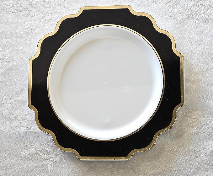 " OCCASIONS " 240 Plates Pack,(120 Guests) Heavyweight Wedding Party Disposable Plastic Plates Set -120 x 10.5'' Dinner + 120 x 8'' Salad / Dessert (Imperial in Black & Gold)
