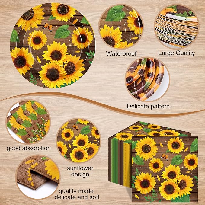 Ziliny 250 Pcs Sunflower Party Decorations Include Spring Summer Floral Paper Plates Napkins and Cups for Wildflower Baby Shower Tea Decorations, Serve 50 Guest(Yellow and Brown,Sunflower Style)