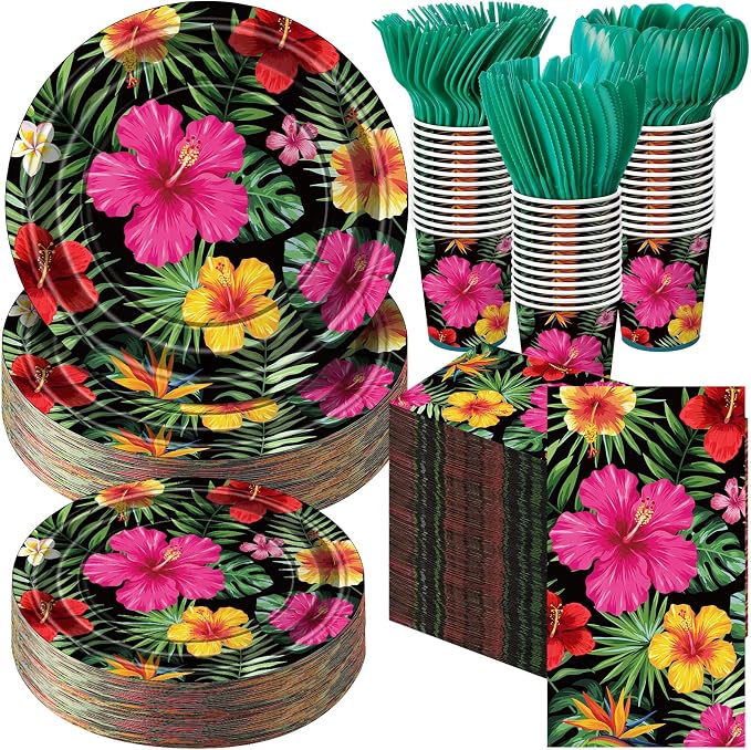 Ziliny 350 Pcs Tropical Hawaiian Party Disposable Tableware Set, Luau Hibiscus Palm Leaf Floral Paper Plates Cups Napkins Dinnerware for Summer Beach Aloha Pool Tiki Birthday Party Supplies Serves 50