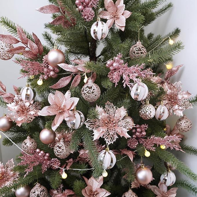 Winlyn 35 Pcs Christmas Artificial Poinsettia Flowers Picks and Artificial Leaves Sprays Rose Gold Glitter Christmas Floral Picks for Rose Gold Christmas Tree Wedding Holiday Decor Centerpiece Wreath
