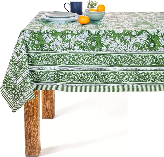 Chirstmas Green Block Print Table Cloth- 60x108 Inch Rectangle 100% Cotton Handmade Pre-Shrink, Washable for Spring, Kitchen & Dining Perfect for Patio, Indoor & Outdoor, Farmhouse