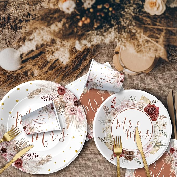 Mr And Mrs Bridal Shower Decorations Tableware, Mr Mrs Boho Wedding Party Supplies, Paper Plate, Cup, Napkin, Cutlery, Pampas Grass Theme Bridal Shower Table Decorations, Serves 24