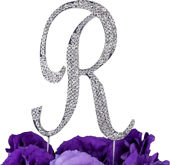 LOVENJOY Gift-Boxed 3.3" Rhinestone Letter R Cake Topper Silver