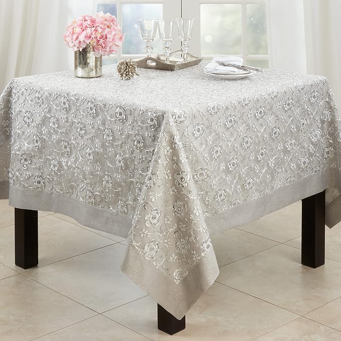 SARO LIFESTYLE Floral Embroidered Tablecloth, Silver, 65"