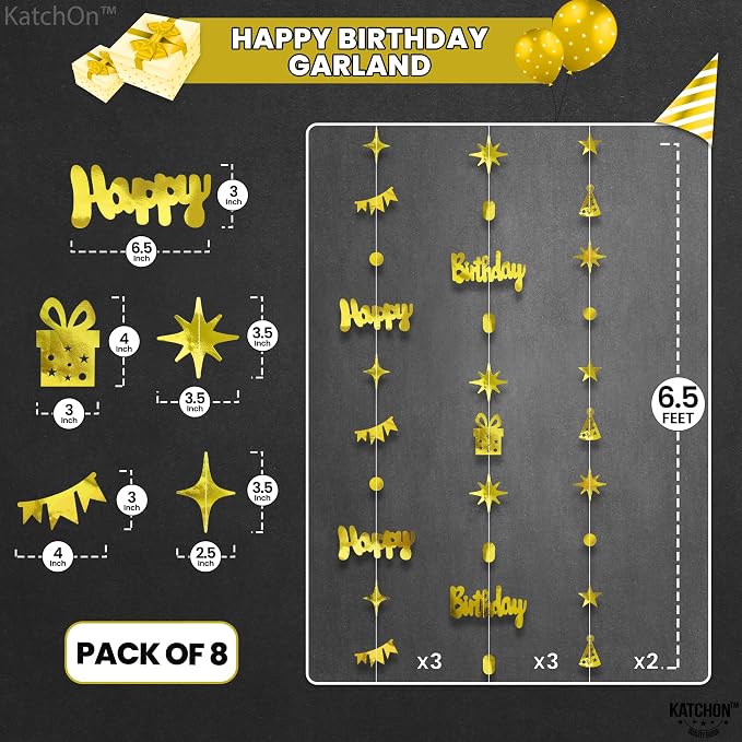 KatchOn, Gold Happy Birthday Garland Banner - 6.5 Feet, Pack of 8 No DIY | Gold Garland Birthday Decorations | Happy Bday Backdrop | Bday Decorations for Women