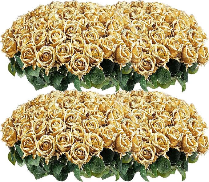 Auihiay 104PCS Gold Rose Artificial Flowers, Fake Roses, Lifelike Gold Roses Banquet for Wedding Centerpieces, Bridal Shower Bouquets, Home Decor, Mother's Day, Birthday, Valentine's Day Decoration