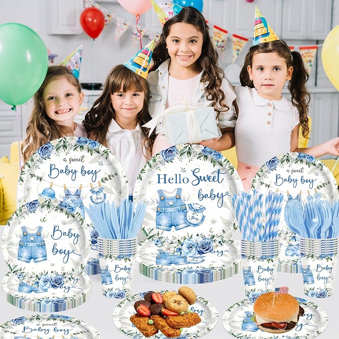 168PCS Blue Baby Boy Shower Decorations,Baby Shower Theme Party Tableware Set Plates Napkins Cups,for Boy Baby Shower Decorations Serves 24 Guests