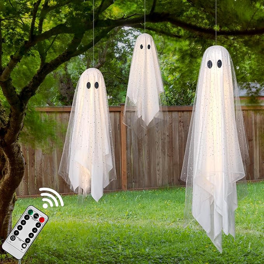 AYGXU Halloween Decorations outdoor/indoor-3pcs Hanging Ghost Decor with Light,Halloween Ornaments,Hallowee n Decor for Tree,Yard,Window,Garden