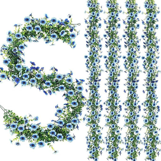 4 Pcs 6 ft Artificial Flowers Wisteria Garland-Total 24 ft Fake Hanging Wisteria Flowers Green Vines Garlands, Faux Flower Daisy with Eucalyptus Leaves for Garden Decor (Blue)