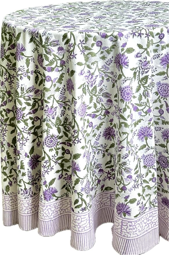 ATOSII Mahoka 100% Cotton Round Spring Summer Tablecloth, Block Print Floral Table Cloth for Kitchen Dining Linen I Parties, Weddings, OutdoorsI 72" Inches Round, 4 Seater