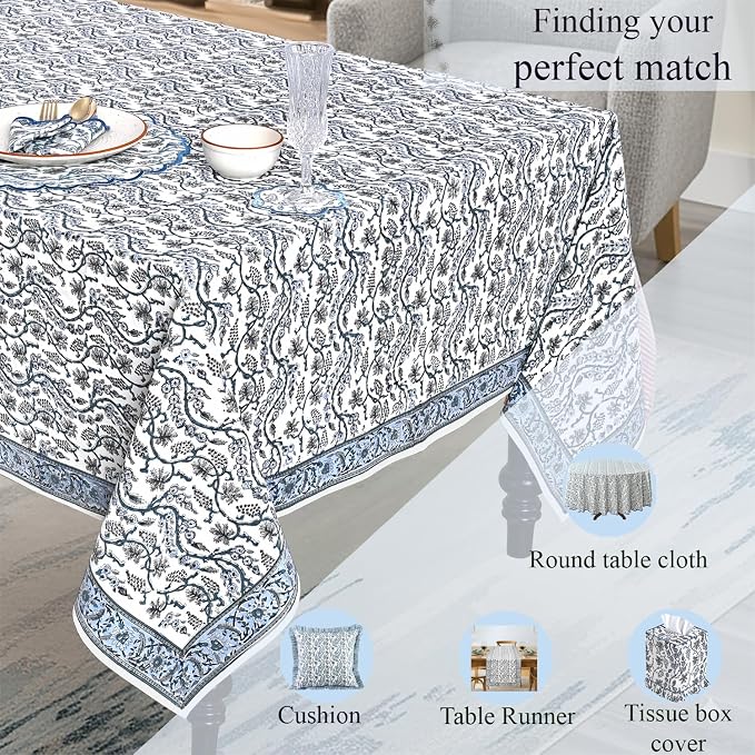 Ridhi Baby Blue Eyes Hand Block Print Cotton Rectangle Tablecloth 90" x 60" inches Reusable Table Cover Decorative Everyday Use for Dining Room, Farmhouse, Home Gift for Spring, Mother's Day