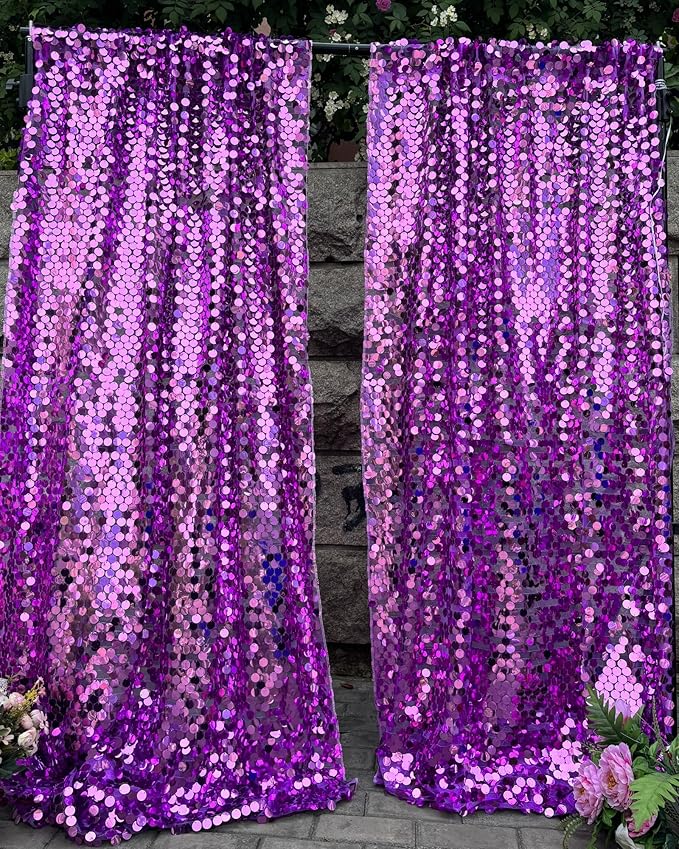 Purple Sequin Backdrop,18MM Large Sequin 4x10 ft, 2 Panel Glitter Shimmer Backdrop Photobooth Props for Decor, Parties, Home, Weddings