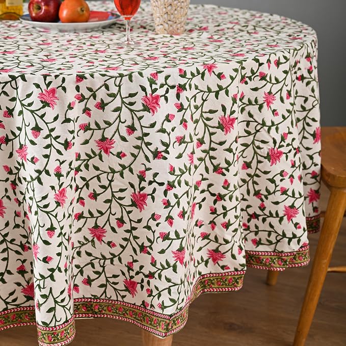 Hand Block Printed Tablecloth – Colorful Floral Print | 100% Cotton | Indian Artisan Handmade Art | Dining Room, Kitchen, Outdoor Décor, (Rosy Elegance, 108 Inches Round)