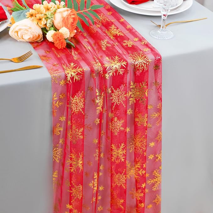 Snowkingdom Red Table Runner, 120 Inches Long Sheer Tulle with Gold Snowflake for Winter Holiday Wedding Home Party Table Decor