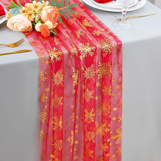 Snowkingdom Red Table Runner Mothers Day Summer, 120 Inches Long Sheer Tulle with Gold Snowflake for Winter Holiday Wedding Home Party Table Decor