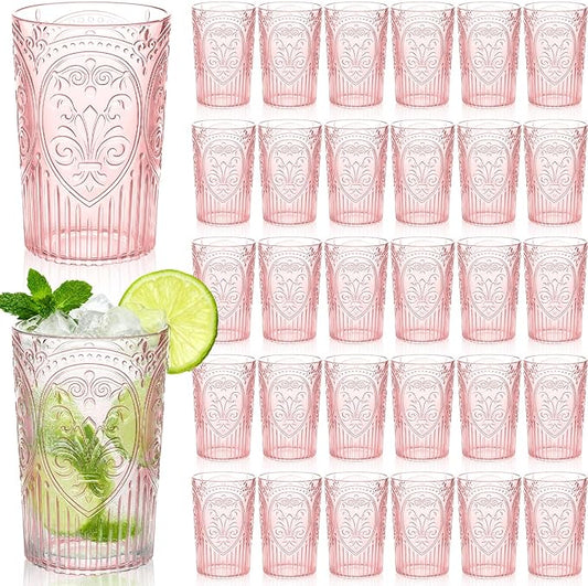 Plastic Vintage Drinking Glasses - 16 oz Stemless Ribbed Highball Glasses Bulk Embossed Reusable Cups for Water Beer Cocktails Juice Wedding Bridal Shower Birthday Event Party(Pink,48 Pcs)