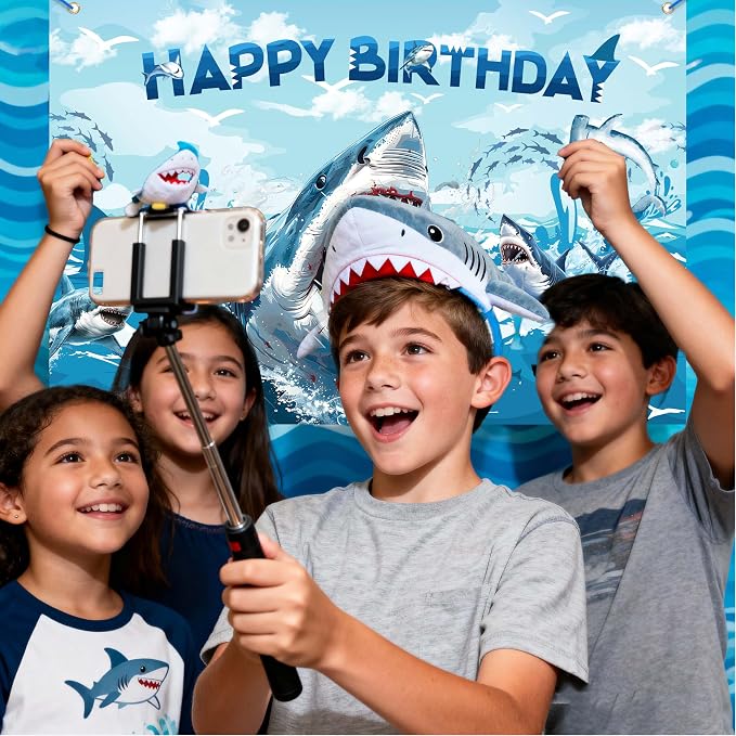 Shark Birthday Party Decorations For Women Men,Happy Birthday Banner,Blue Balloon Arch Kit,Sharks Foil Balloons,Cake toppers