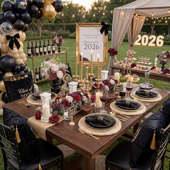 KIRE 175Pcs Black Plates Disposable - Heavy Duty Black and Gold Plastic Plates- 25 for Dinner 25 for Dessert 25 Pre Rolled Gold Silverware and 25 Cups for Graduation/Birthday Party/Wedding