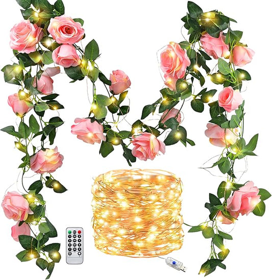 FiveSeasonStuff 29 Ft 4 Pack Amaranth Light Pink Rose Silk Flower Garland Artificial Flowers Decoration Hanging Floral with 66 feet String Lights