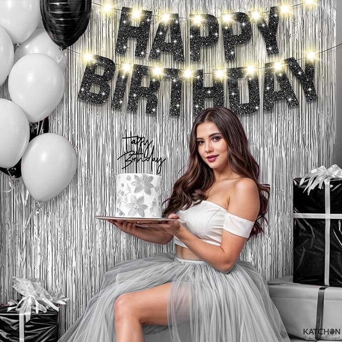 KatchOn, Black and Silver Happy Birthday Banner, Pack of 5 | Silver Fringe Backdrop, LED Lights & Cake Topper | Birthday Decorations, Party Decor for Men, Women, Girls & Boys