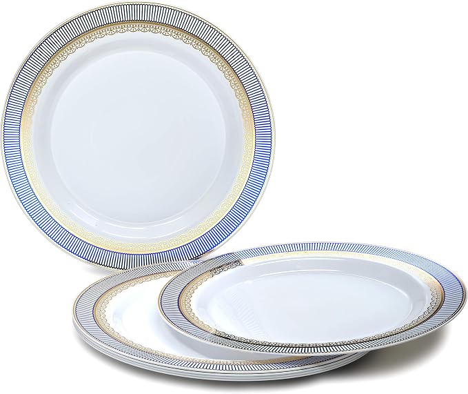 OCCASIONS 50pc Heavy Duty Disposable Plastic Plates Set for 25 Guests – 25 Dinner (10.5") & 25 Dessert (7.5") Plates – Elegant, Recyclable, BPA Free – Louvre Blue & Gold