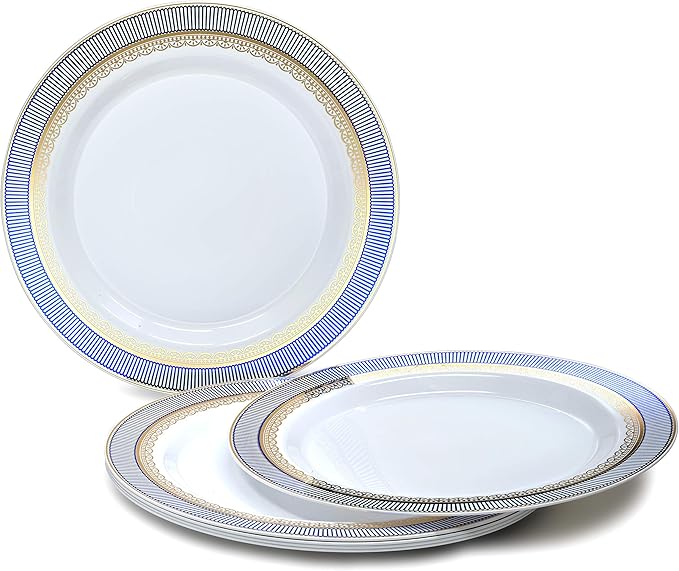 OCCASIONS 240 Disposable Plates for 120 Guests, Fancy Blue & Gold Heavyweight Scalloped Plastic Dinnerware Set for Wedding Party, BPA Free - 10.5" Dinner + 7.5" Salad/Dessert, Louvre in Blue & Gold