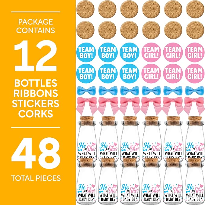 Ethisa 12 Pack Gender Reveal Glass Jars - He or She Gender Reveal Party Favors for Guests and Table Centerpieces - Classy Boy or Girl Milk Glass Bottles - Baby Shower Decorations and Candy Gifts
